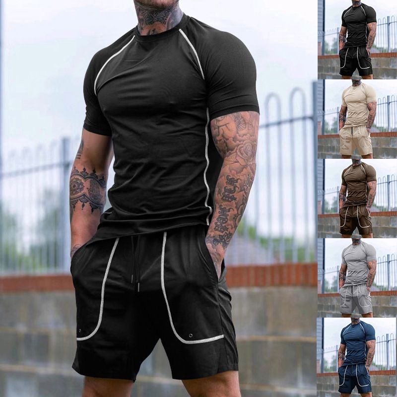 Workout Clothing US Size 95% Polyester 5%Spendex 2 Pcs Muscle Baselayer Compression Short Sleeve Tshirt Shorts Fitness GYM Set  Two-Piece Outfits