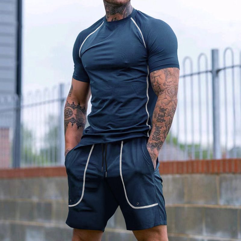 Workout Clothing US Size 95% Polyester 5%Spendex 2 Pcs Muscle Baselayer Compression Short Sleeve Tshirt Shorts Fitness GYM Set  Two-Piece Outfits