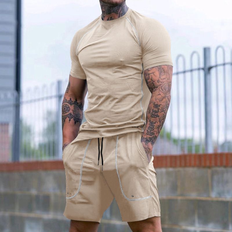 Workout Clothing US Size 95% Polyester 5%Spendex 2 Pcs Muscle Baselayer Compression Short Sleeve Tshirt Shorts Fitness GYM Set  Two-Piece Outfits