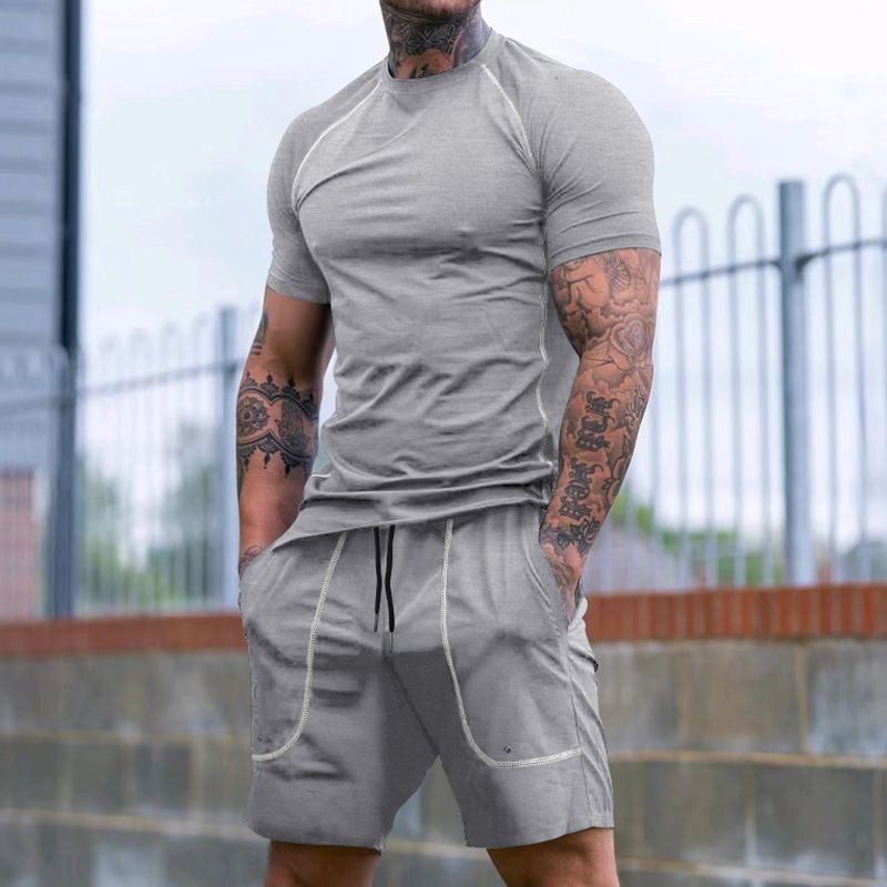Workout Clothing US Size 95% Polyester 5%Spendex 2 Pcs Muscle Baselayer Compression Short Sleeve Tshirt Shorts Fitness GYM Set  Two-Piece Outfits