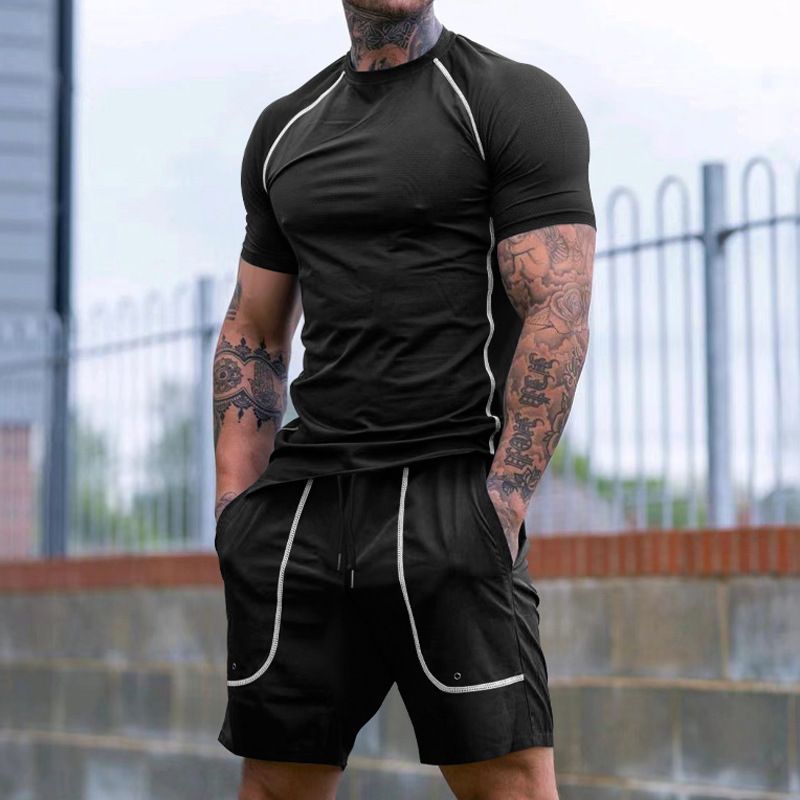 Workout Clothing US Size 95% Polyester 5%Spendex 2 Pcs Muscle Baselayer Compression Short Sleeve Tshirt Shorts Fitness GYM Set  Two-Piece Outfits