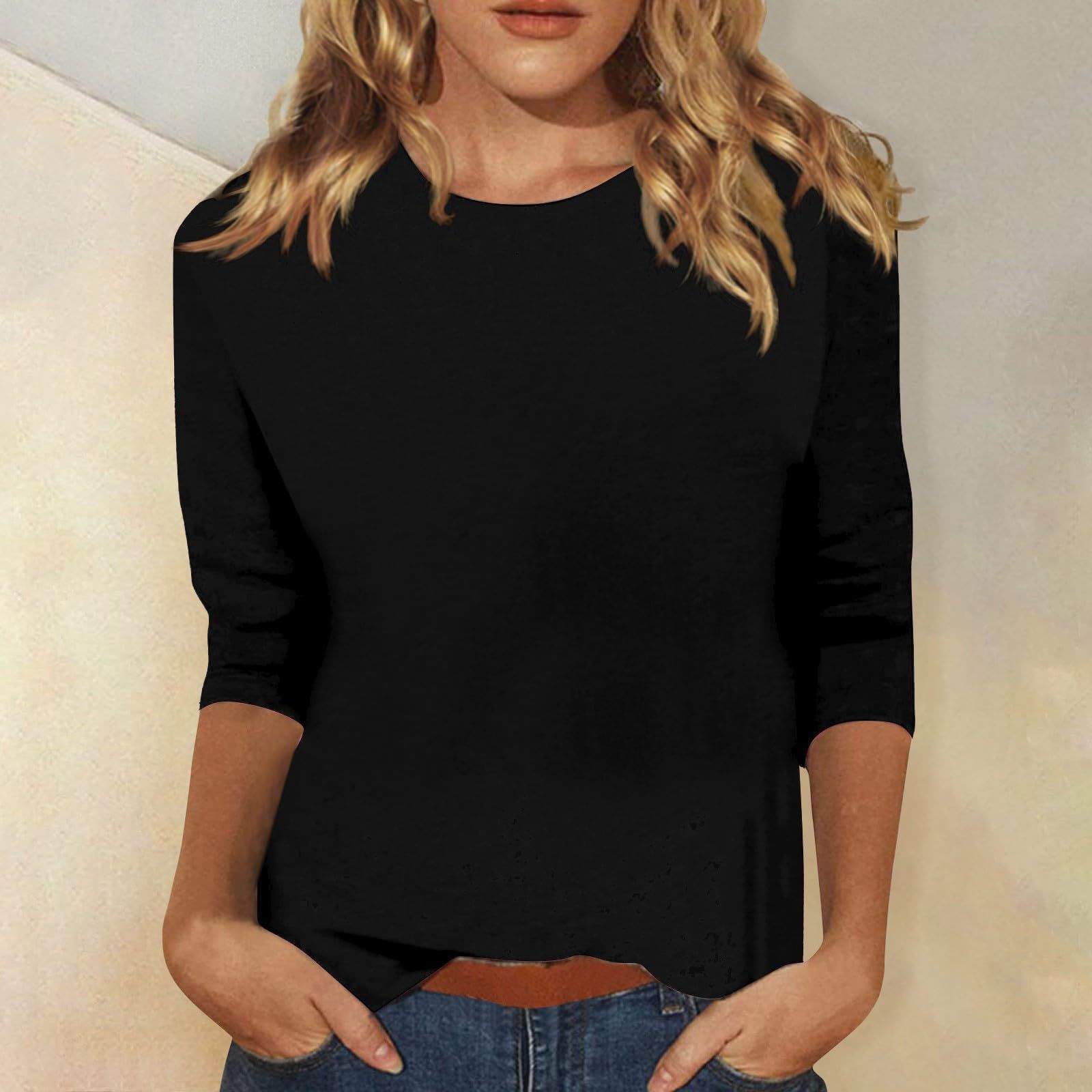 Three Quarter Sleeves Women Tops T Shirt Summer Cotton Round Neck 3d Print Oversize Comfortable Solid Long T-Shirts