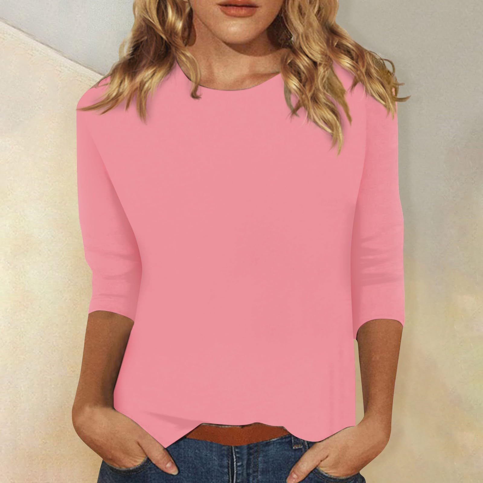 Three Quarter Sleeves Women Tops T Shirt Summer Cotton Round Neck 3d Print Oversize Comfortable Solid Long T-Shirts