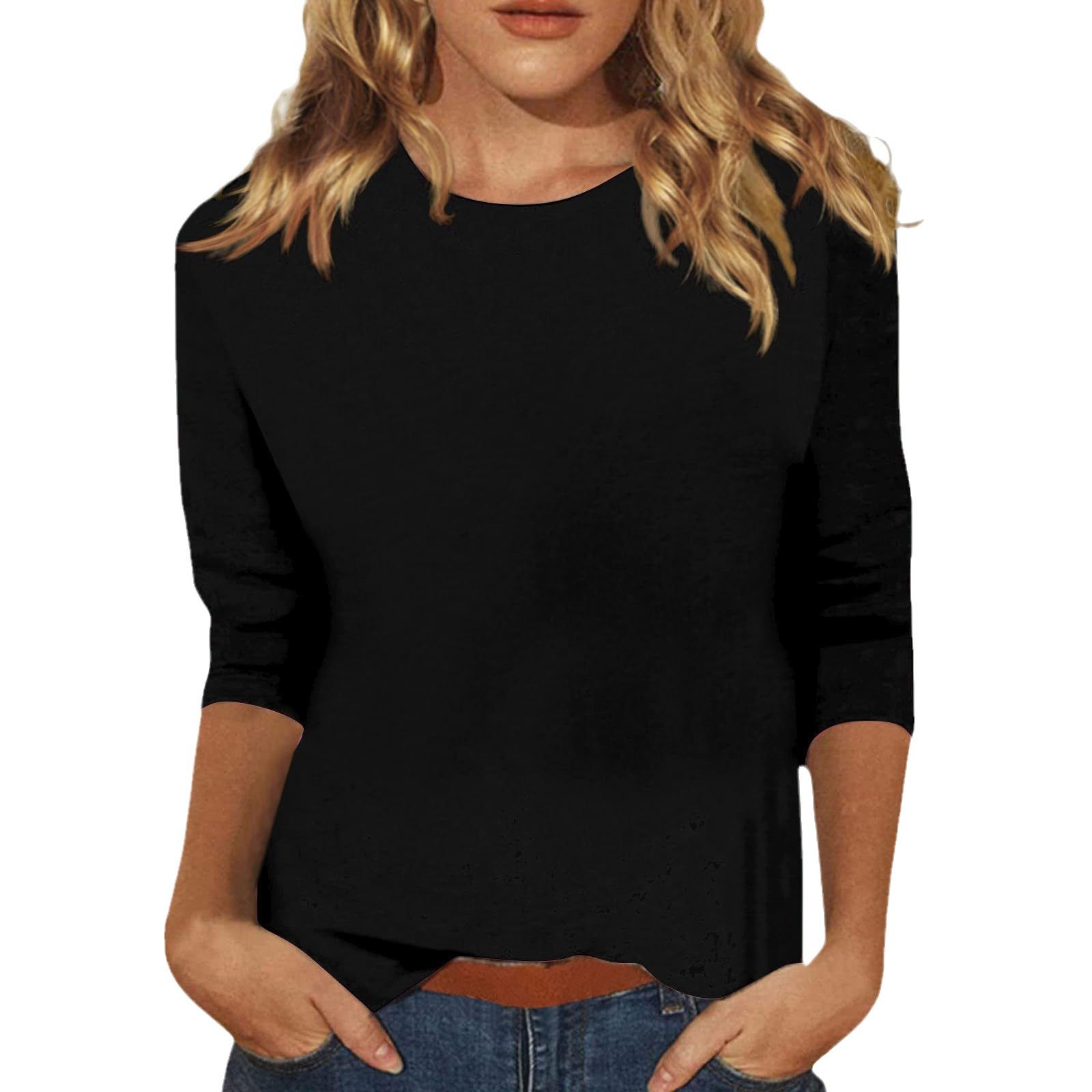 Three Quarter Sleeves Women Tops T Shirt Summer Cotton Round Neck 3d Print Oversize Comfortable Solid Long T-Shirts