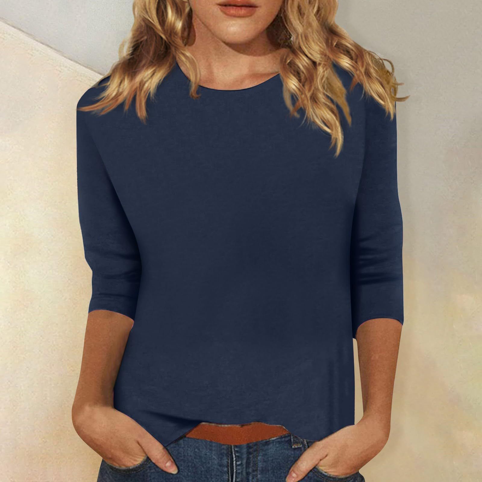 Three Quarter Sleeves Women Tops T Shirt Summer Cotton Round Neck 3d Print Oversize Comfortable Solid Long T-Shirts