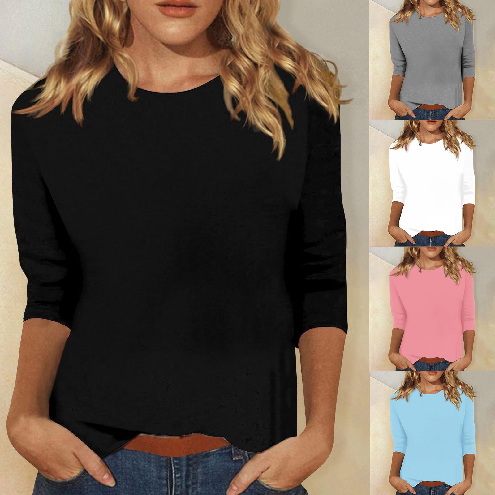 Three Quarter Sleeves Women Tops T Shirt Summer Cotton Round Neck 3d Print Oversize Comfortable Solid Long T-Shirts
