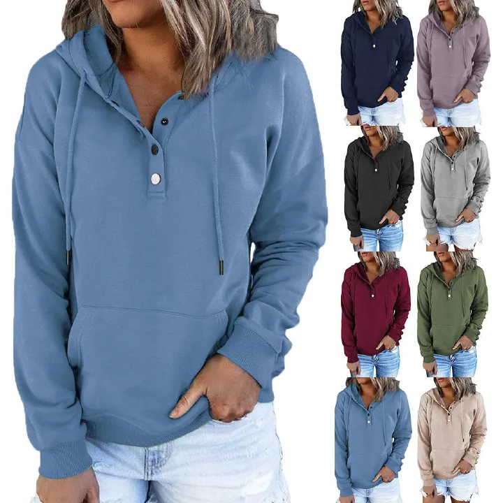 Hooded Button Collar Drawstring Hoodies Pullover Sweatshirts Casual Long Sleeve Tops Shirts  T-Shirts