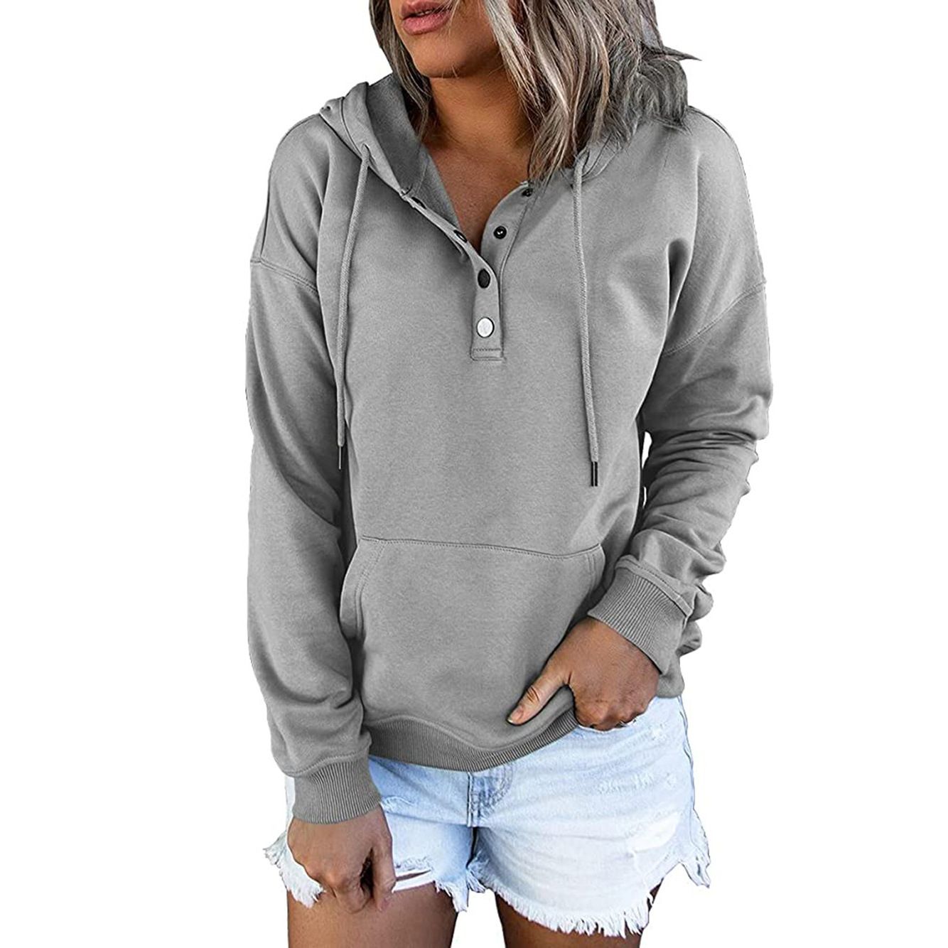 Hooded Button Collar Drawstring Hoodies Pullover Sweatshirts Casual Long Sleeve Tops Shirts  T-Shirts