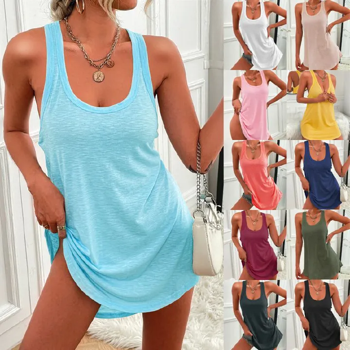 Women's Custom Color Sexy Soft Cotton Round Hem Singlet Ladies U Neck Sleeveless Shirt