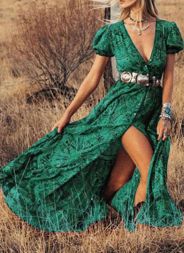 Summer Printed Dresses For Women Waist Collection Large Hem Flower Dresses