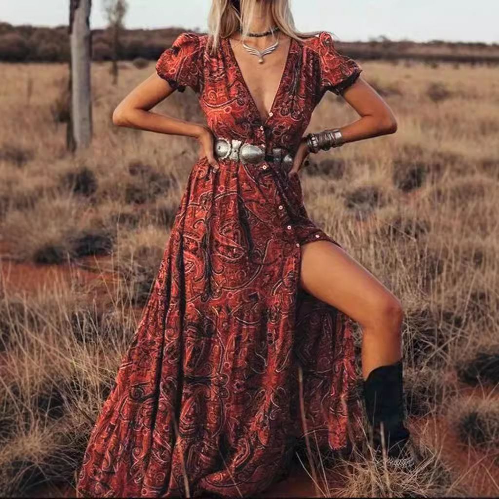 Summer Printed Dresses For Women Waist Collection Large Hem Flower Dresses