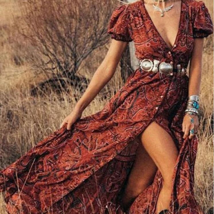 Summer Printed Dresses For Women Waist Collection Large Hem Flower Dresses