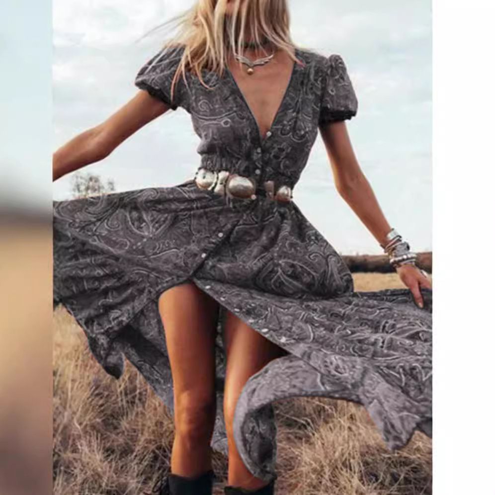 Summer Printed Dresses For Women Waist Collection Large Hem Flower Dresses