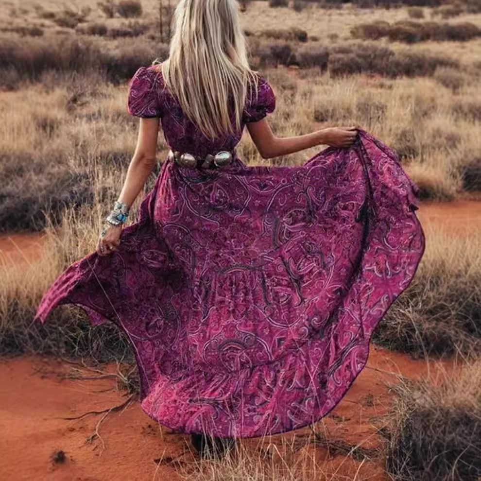 Summer Printed Dresses For Women Waist Collection Large Hem Flower Dresses