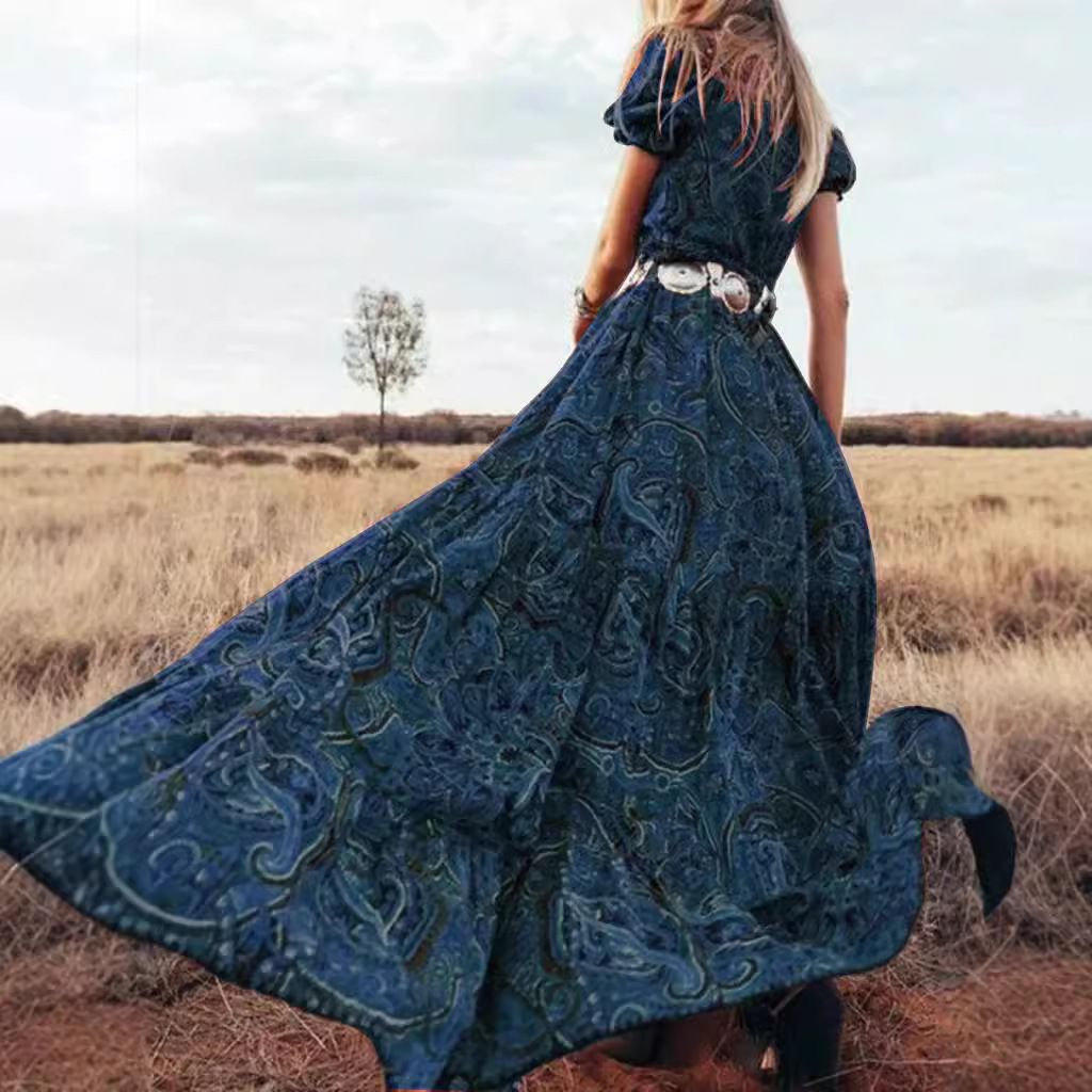 Summer Printed Dresses For Women Waist Collection Large Hem Flower Dresses