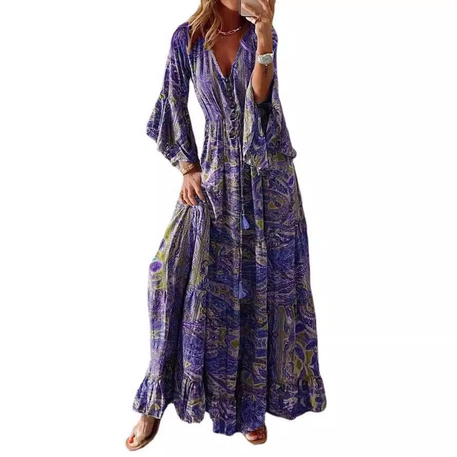 Summer beach wear Indian silk sari maxi dress- ladies long frill dress-wholesale maxi dress