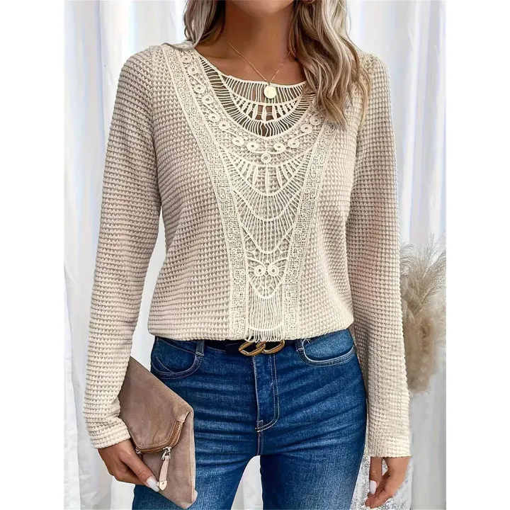 Ehanking Women's Lace Splicing Crew Neck T-Shirt Ladies Summer Holiday Elegant Short Sleeve T-Shirt Casual Tops Blouse Sweater > T-Shirts