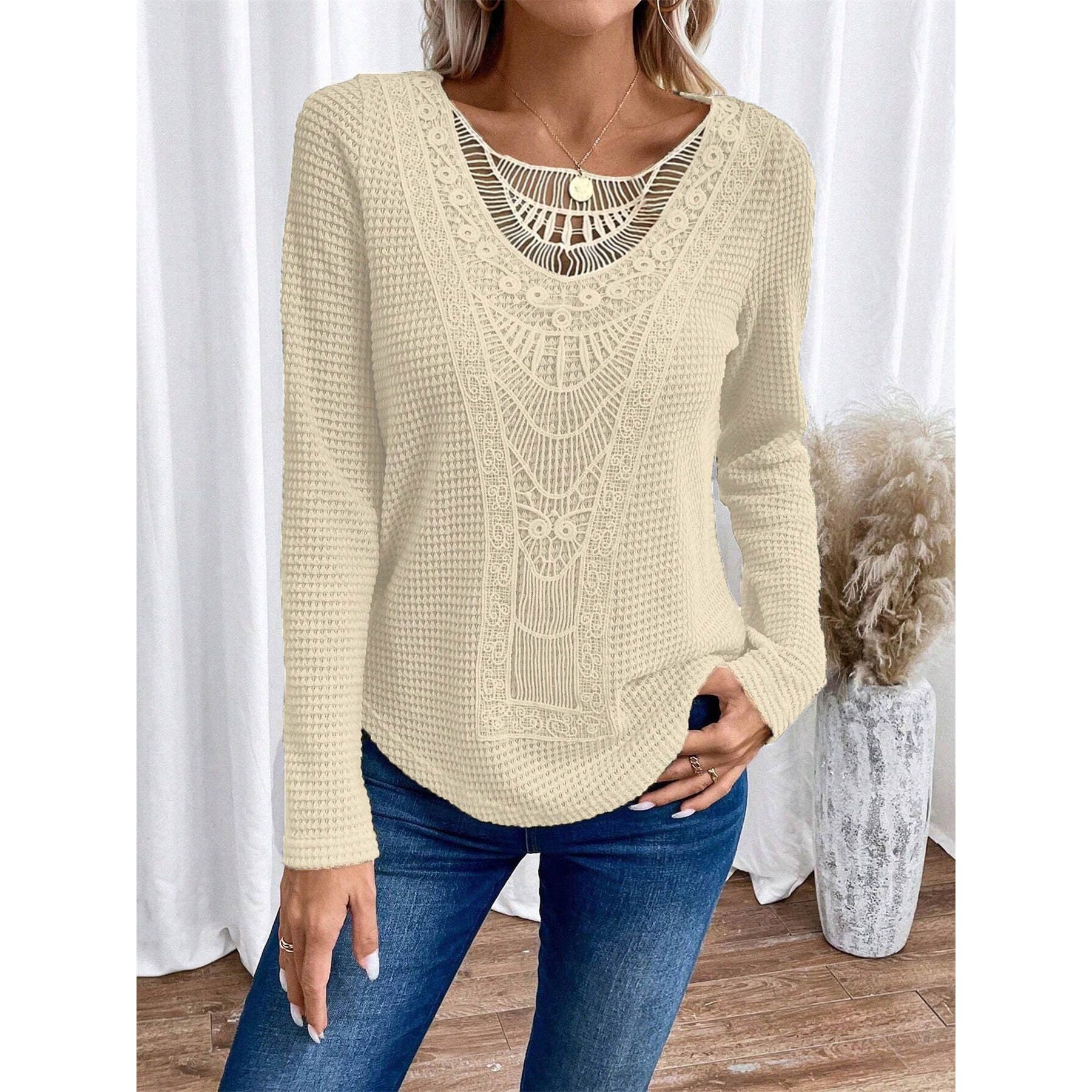 Ehanking Women's Lace Splicing Crew Neck T-Shirt Ladies Summer Holiday Elegant Short Sleeve T-Shirt Casual Tops Blouse Sweater > T-Shirts