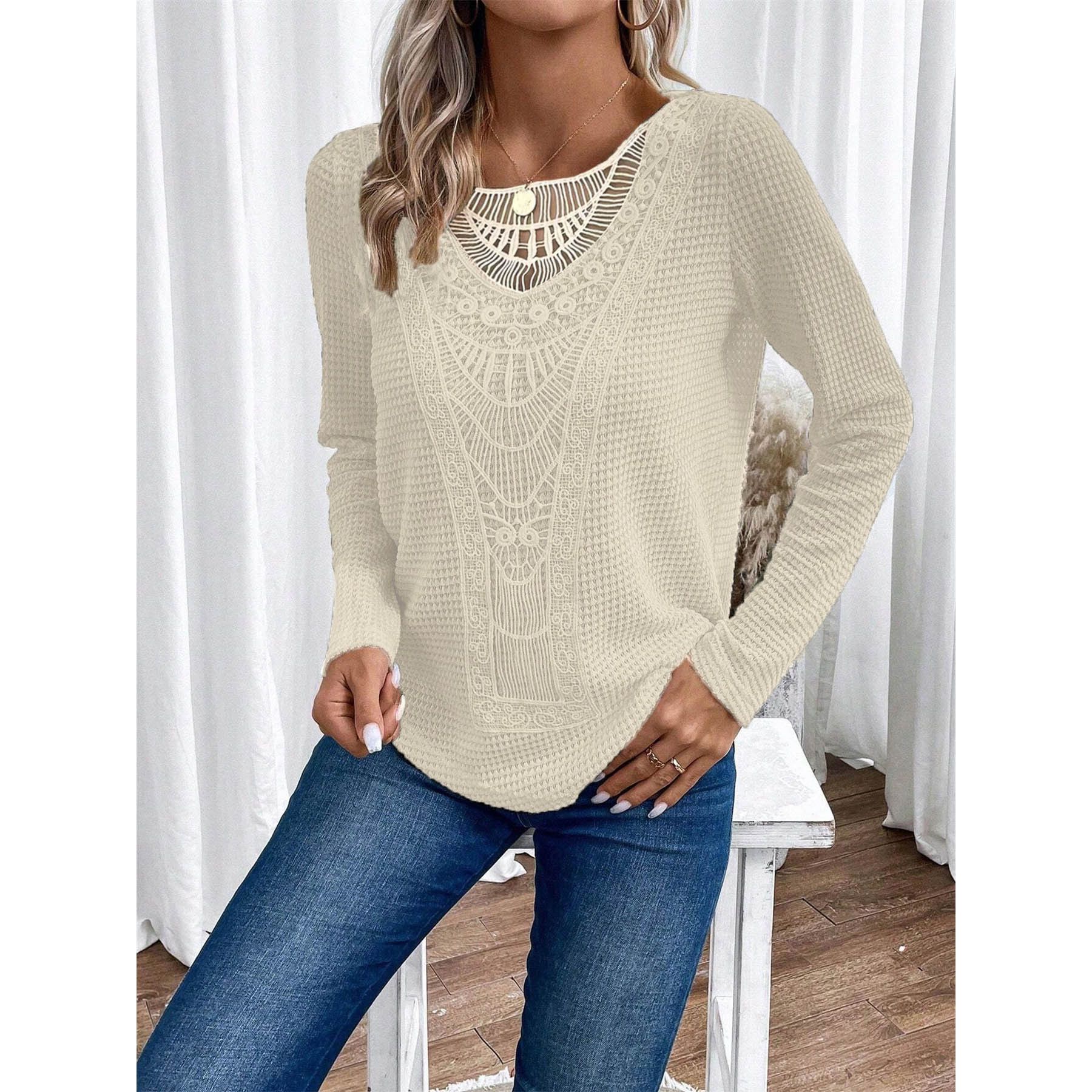 Ehanking Women's Lace Splicing Crew Neck T-Shirt Ladies Summer Holiday Elegant Short Sleeve T-Shirt Casual Tops Blouse Sweater > T-Shirts