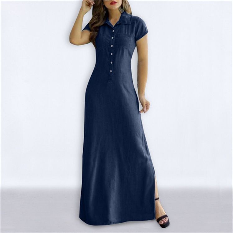 Women's Casual Denim Dress Large Swing Plus Size Short Sleeve with Shirt Collar and Pocket Lady's Loose Big Swing Clothing Dresses