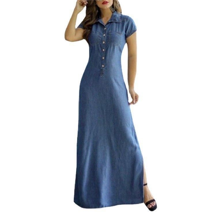 Women's Casual Denim Dress Large Swing Plus Size Short Sleeve with Shirt Collar and Pocket Lady's Loose Big Swing Clothing Dresses