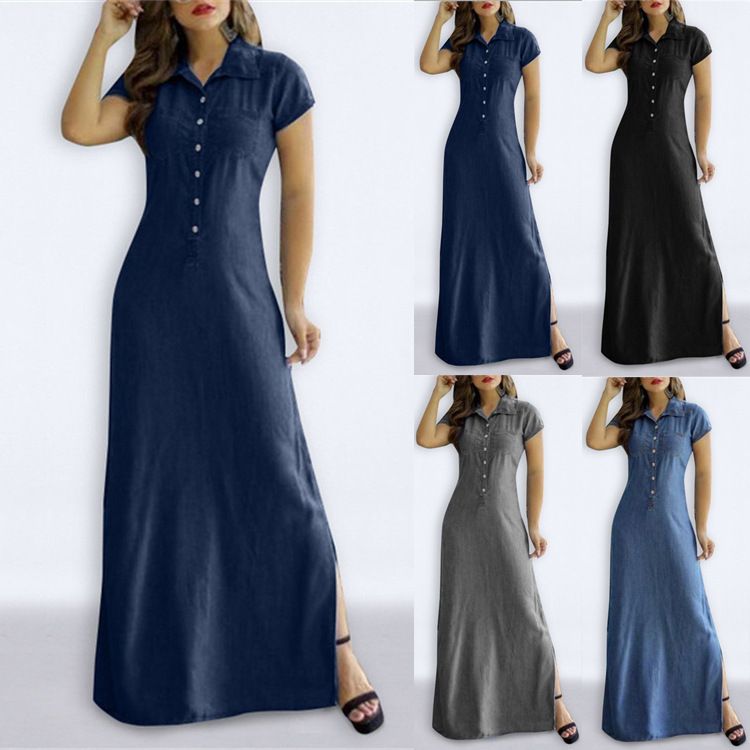 Women's Casual Denim Dress Large Swing Plus Size Short Sleeve with Shirt Collar and Pocket Lady's Loose Big Swing Clothing Dresses