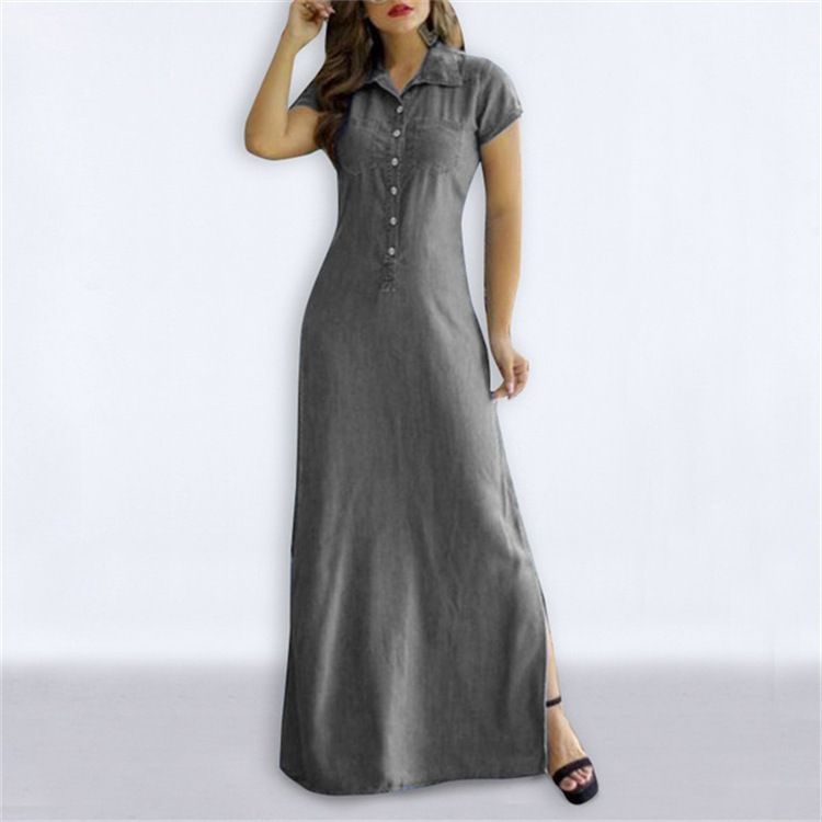 Women's Casual Denim Dress Large Swing Plus Size Short Sleeve with Shirt Collar and Pocket Lady's Loose Big Swing Clothing Dresses