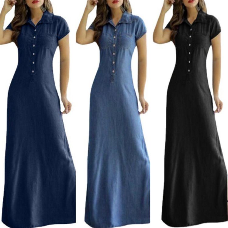 Women's Casual Denim Dress Large Swing Plus Size Short Sleeve with Shirt Collar and Pocket Lady's Loose Big Swing Clothing Dresses