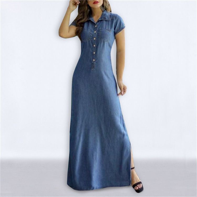 Women's Casual Denim Dress Large Swing Plus Size Short Sleeve with Shirt Collar and Pocket Lady's Loose Big Swing Clothing Dresses