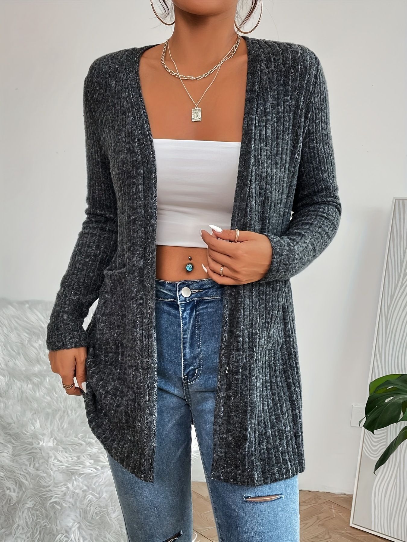 Women cropped Ribbed Long Sleeve Solid Color Basic Knit Cardigan jacket Ribbed Open Front Sweater Women Cardigan Sweaters coat