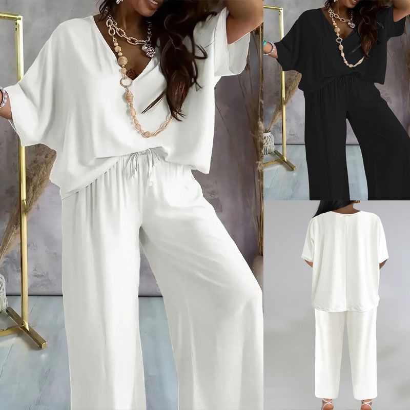 New Fashion Casual Set Women Loose Short Sleeve Suit Straight Leg Pants Two piece Set Two-Piece Outfits
