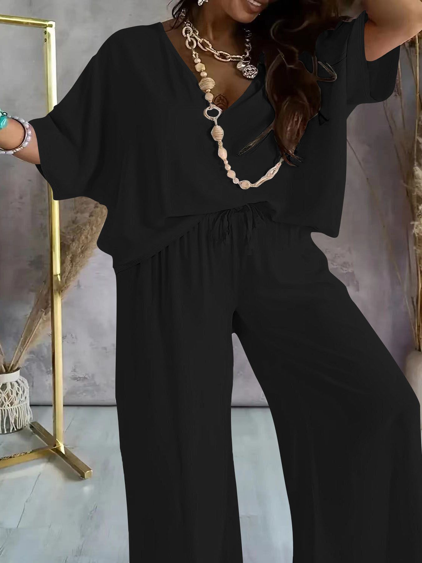 New Fashion Casual Set Women Loose Short Sleeve Suit Straight Leg Pants Two piece Set Two-Piece Outfits