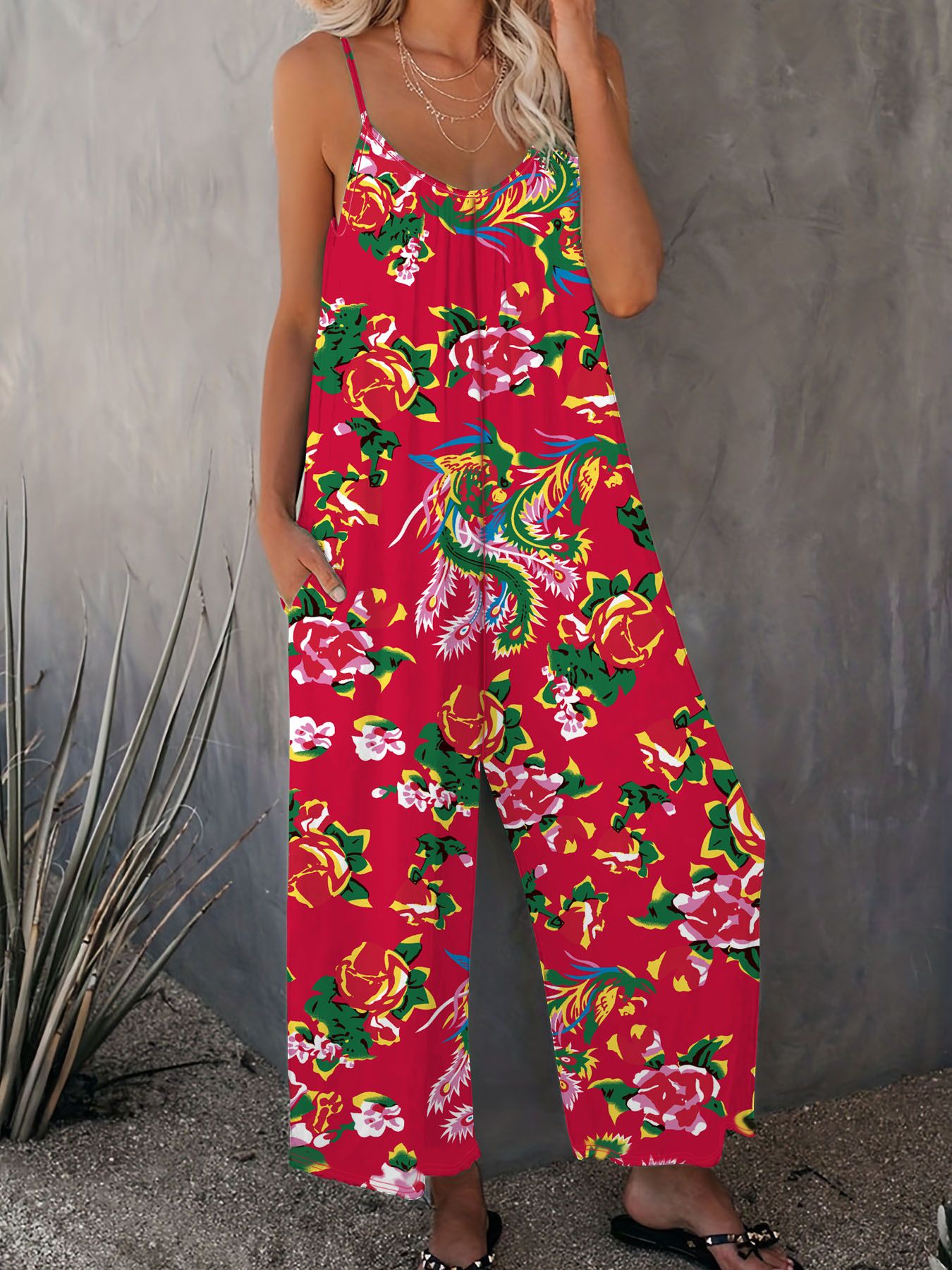 New Summer Women's Trousers Printed Pocket Loose Casual Suspender Jumpsuit