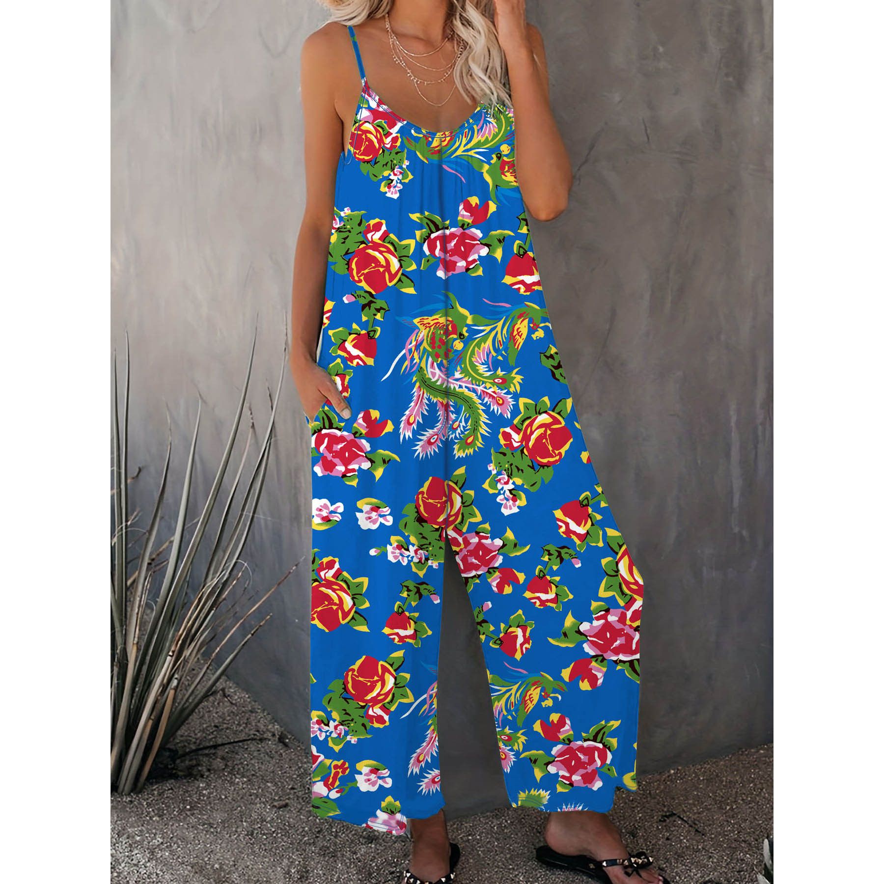 New Summer Women's Trousers Printed Pocket Loose Casual Suspender Jumpsuit