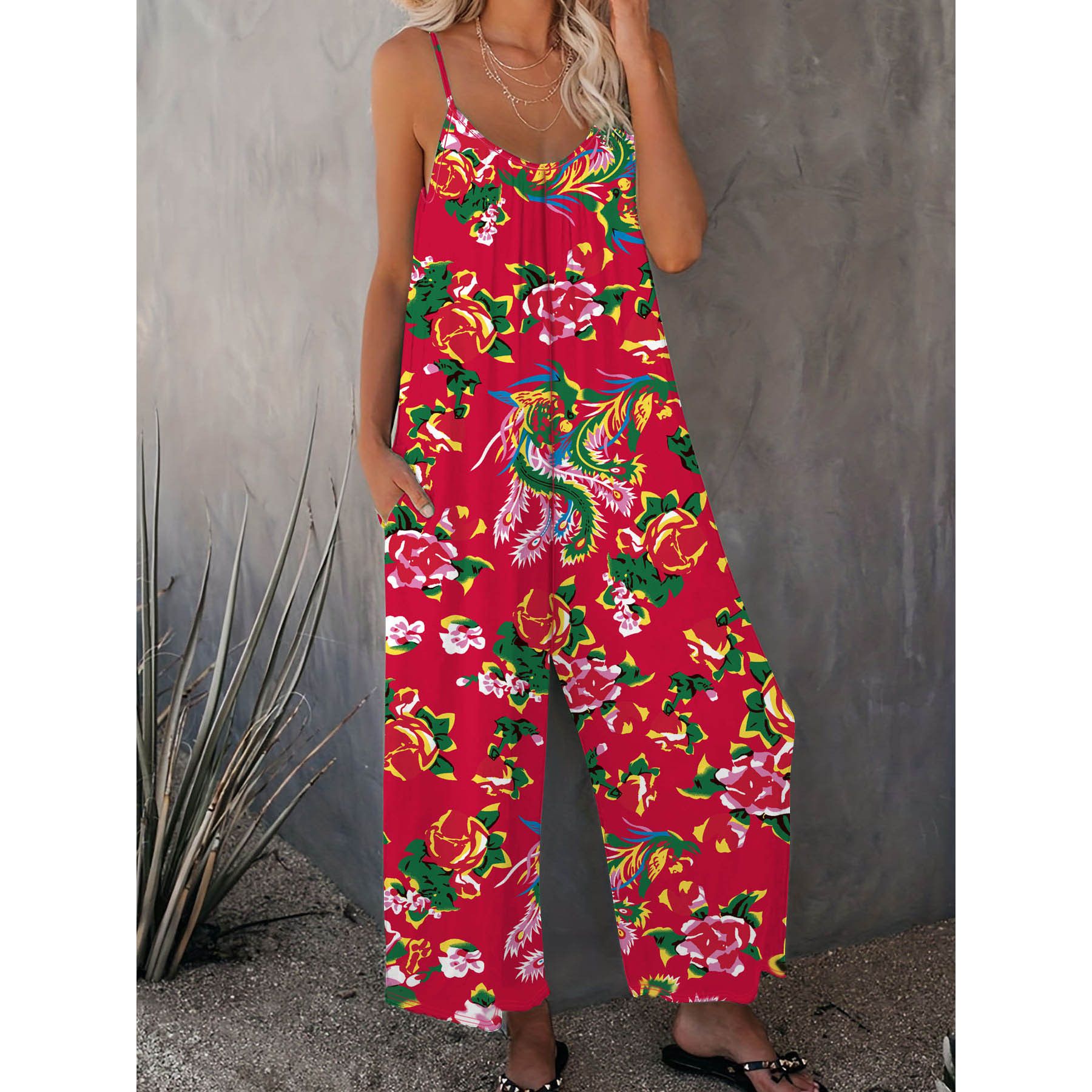 New Summer Women's Trousers Printed Pocket Loose Casual Suspender Jumpsuit