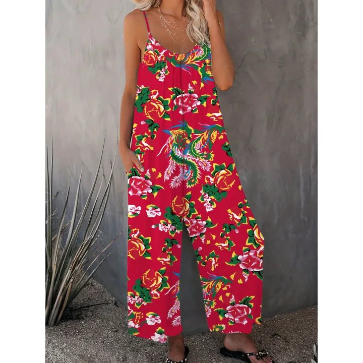 New Summer Women's Trousers Printed Pocket Loose Casual Suspender Jumpsuit