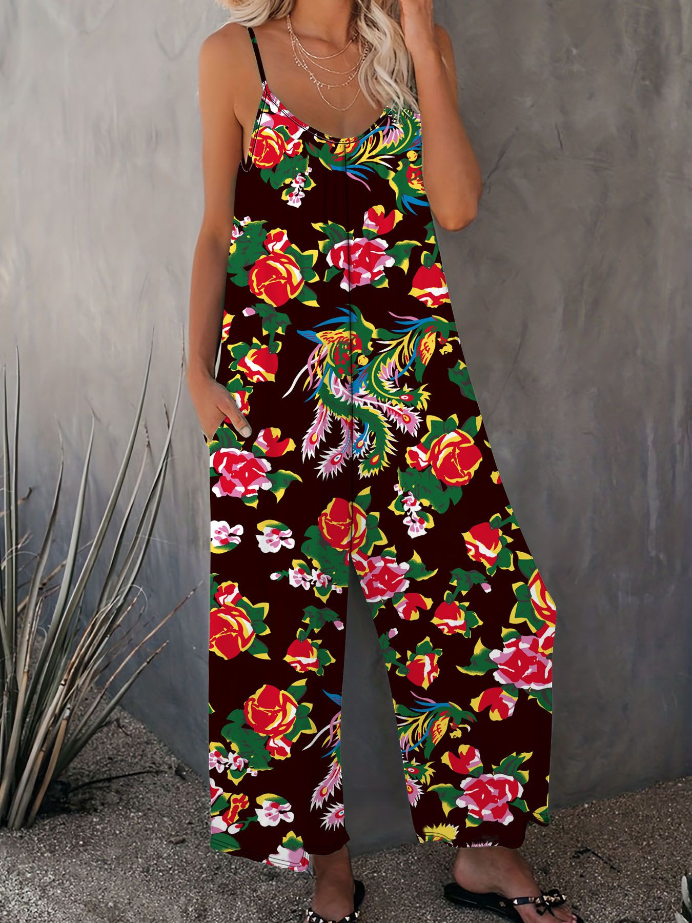 New Summer Women's Trousers Printed Pocket Loose Casual Suspender Jumpsuit