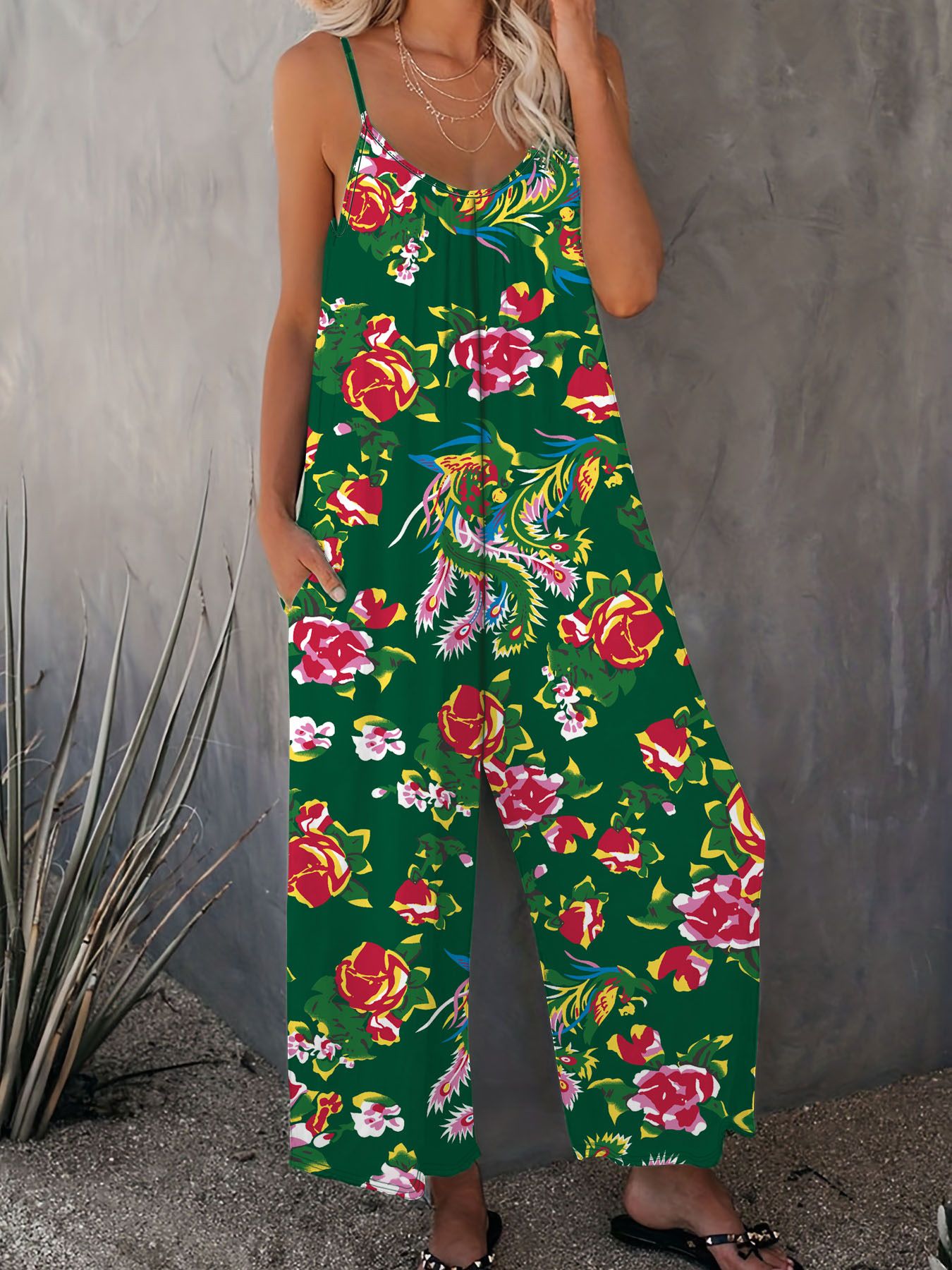 New Summer Women's Trousers Printed Pocket Loose Casual Suspender Jumpsuit