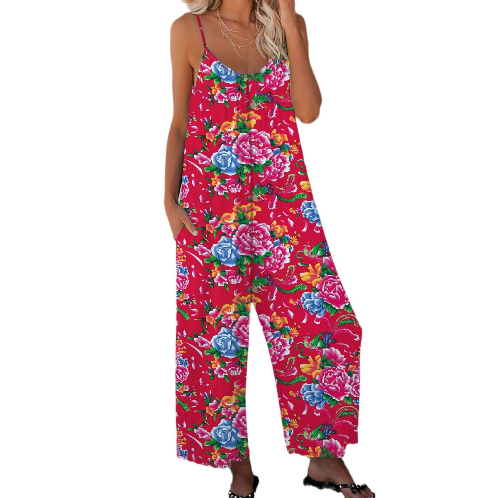 New Summer Women's Trousers Printed Pocket Loose Casual Suspender Jumpsuit