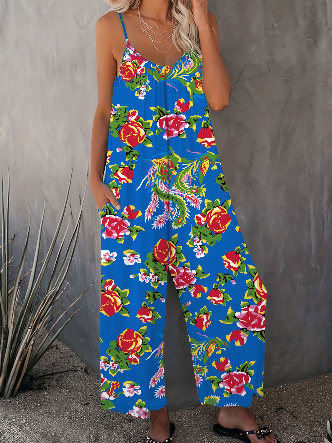 New Summer Women's Trousers Printed Pocket Loose Casual Suspender Jumpsuit