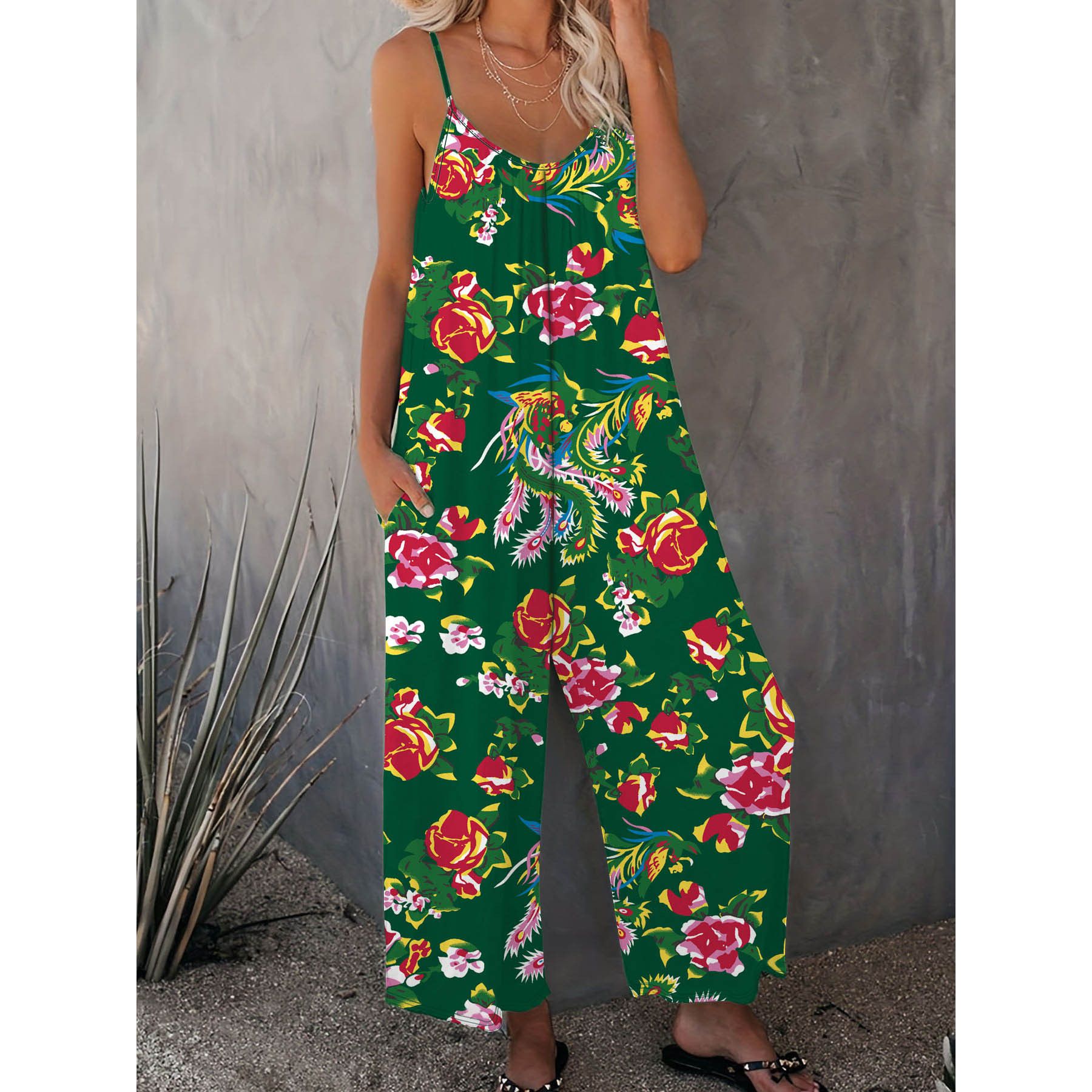 New Summer Women's Trousers Printed Pocket Loose Casual Suspender Jumpsuit