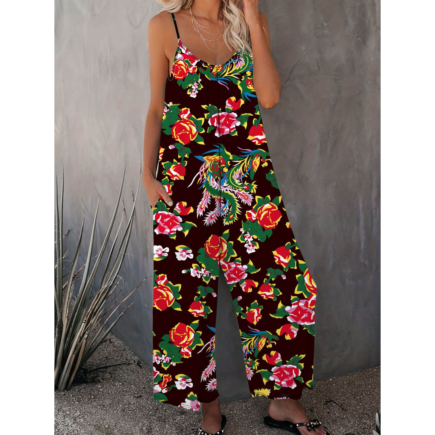 New Summer Women's Trousers Printed Pocket Loose Casual Suspender Jumpsuit
