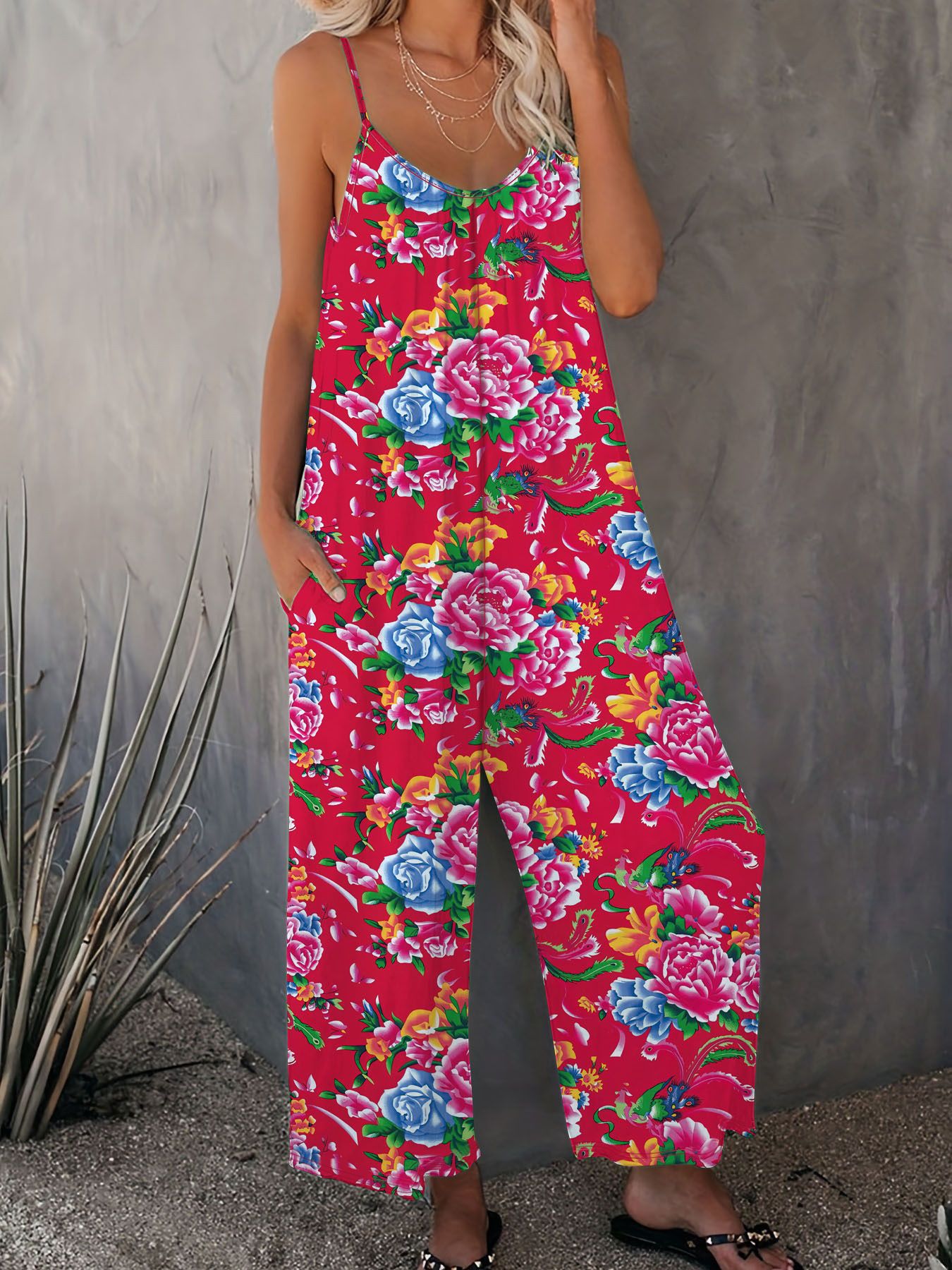 New Summer Women's Trousers Printed Pocket Loose Casual Suspender Jumpsuit