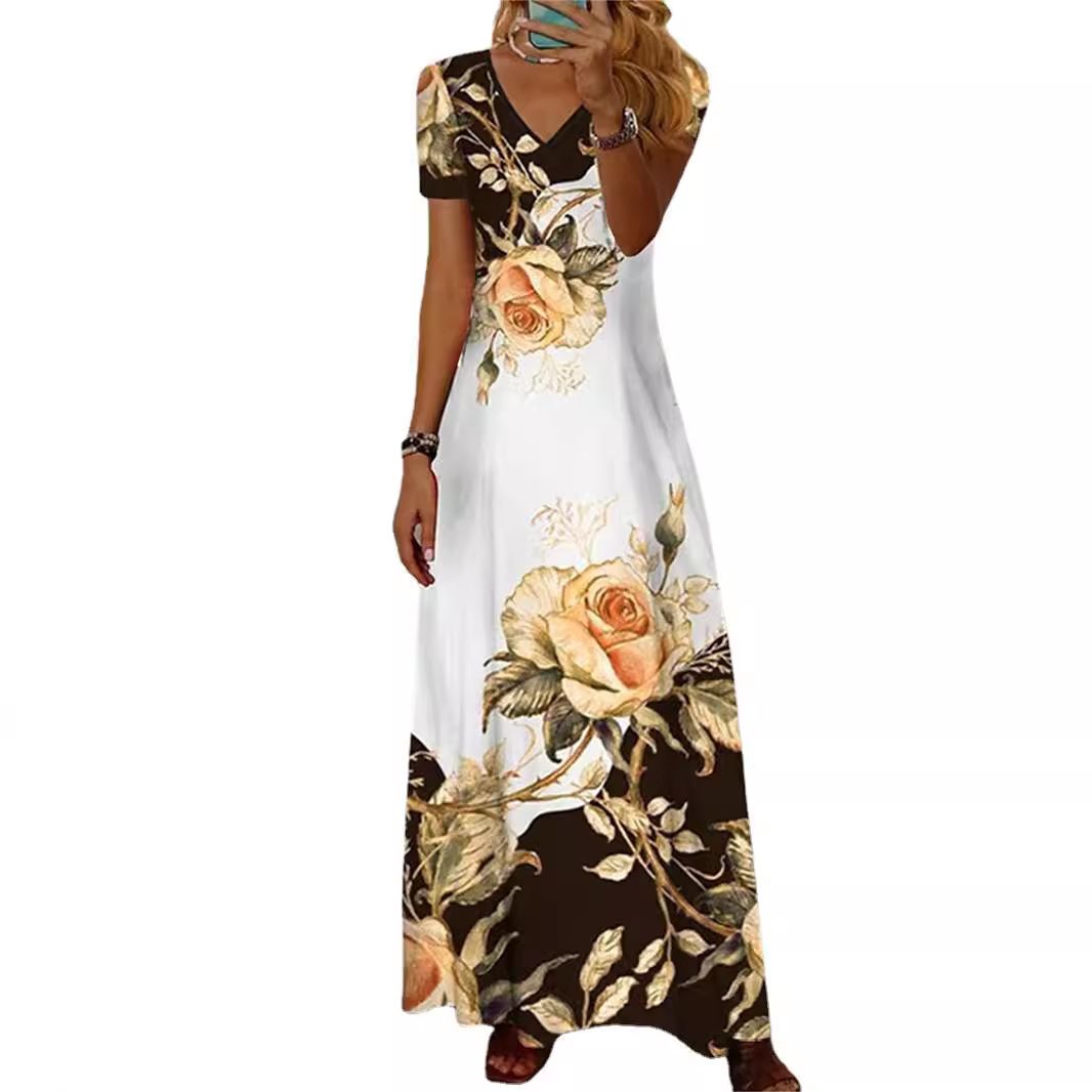 Fashion Streetwear V Neck Short Sleeve Printed Sun Dresses Plus size Maxi Dress for Women  Dresses