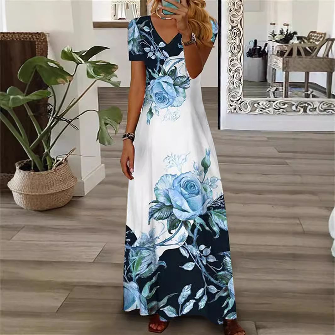 Fashion Streetwear V Neck Short Sleeve Printed Sun Dresses Plus size Maxi Dress for Women  Dresses