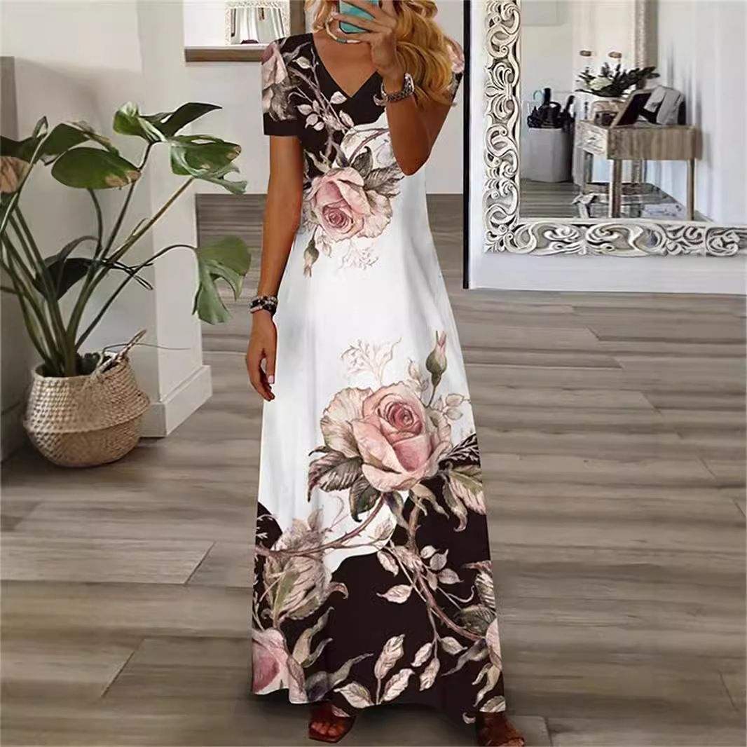 Fashion Streetwear V Neck Short Sleeve Printed Sun Dresses Plus size Maxi Dress for Women  Dresses