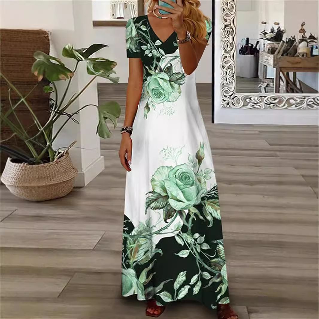 Fashion Streetwear V Neck Short Sleeve Printed Sun Dresses Plus size Maxi Dress for Women  Dresses