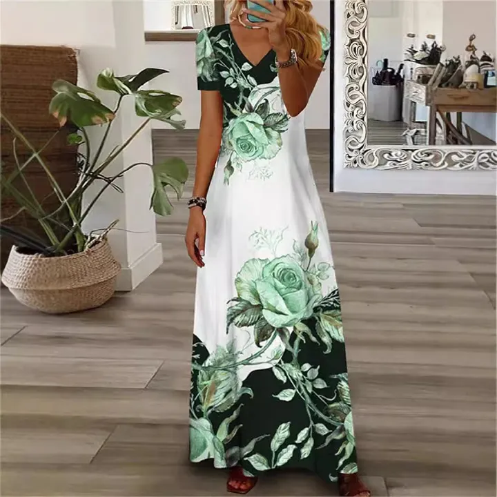 Fashion Streetwear V Neck Short Sleeve Printed Sun Dresses Plus size Maxi Dress for Women  Dresses