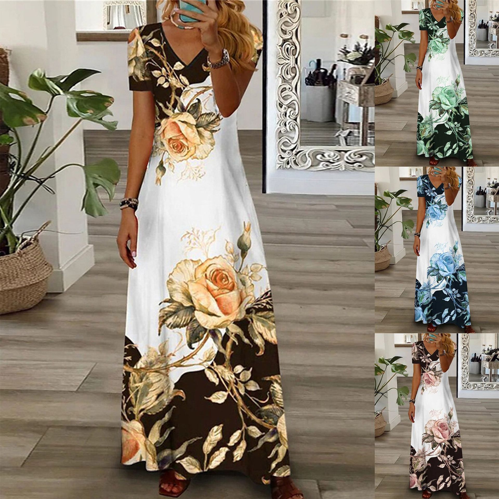 Fashion Streetwear V Neck Short Sleeve Printed Sun Dresses Plus size Maxi Dress for Women  Dresses