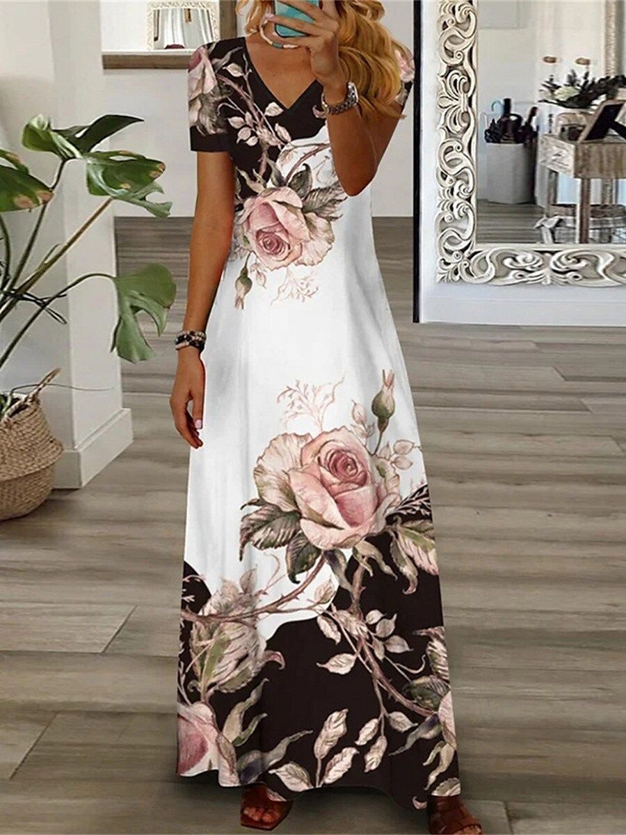 Fashion Streetwear V Neck Short Sleeve Printed Sun Dresses Plus size Maxi Dress for Women  Dresses